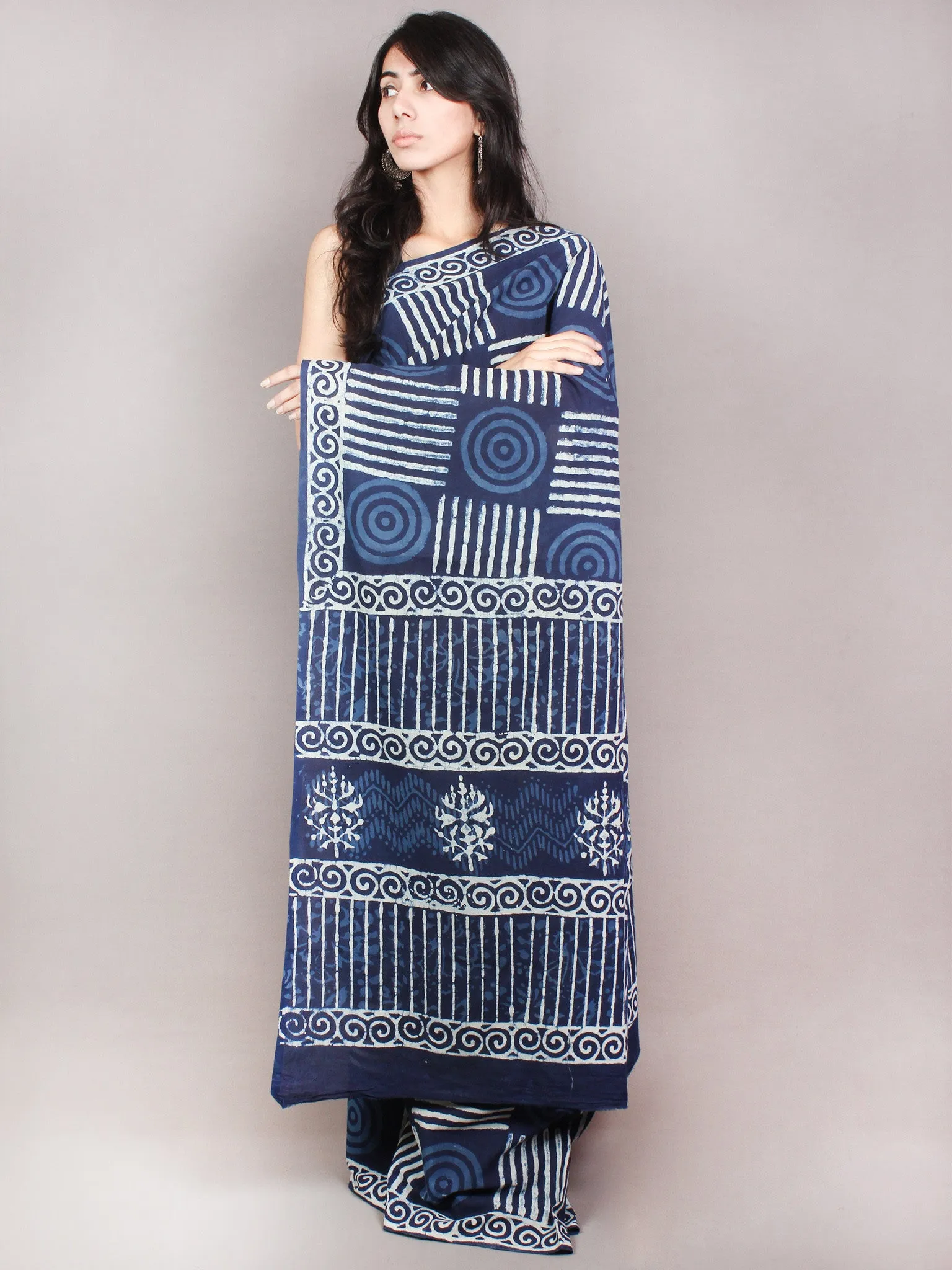 Indigo White Hand Block Printed Cotton Saree in Natural Colors - S03170813