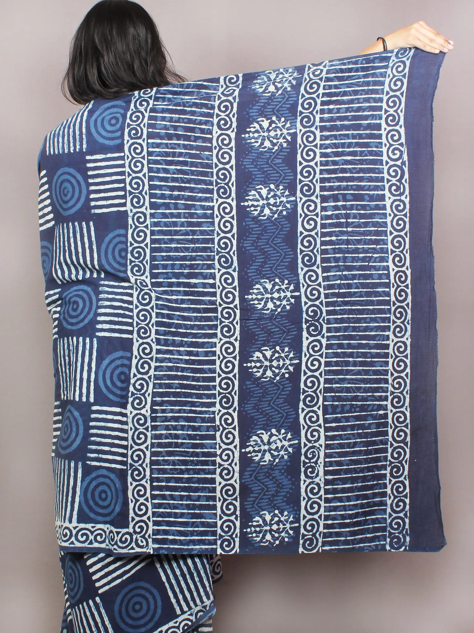 Indigo White Hand Block Printed Cotton Saree in Natural Colors - S03170813