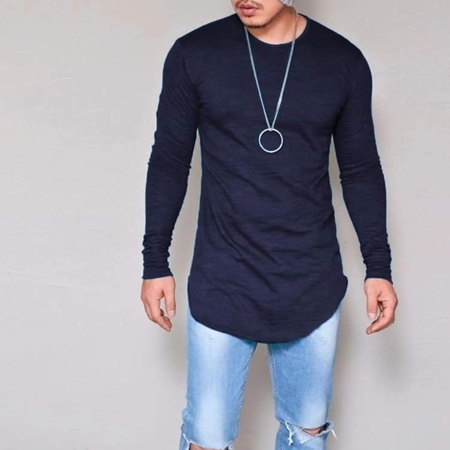 JEShifangjiusu Mens Hipster Hip Hop Longline Crewneck T-Shirt Casual Long Sleeve Solid Blouse Lightweight Basic Henley Shirt