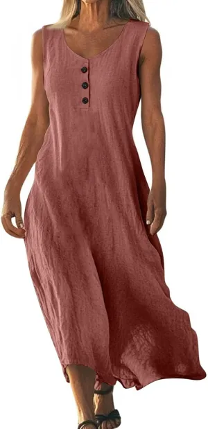 Linen Cotton Beach Dress for Women 2025 Summer Button Shirt Dress Casual Round Neck Dressy Trendy Long Dresses