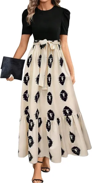 Long Floral Dresses for Women 2025 Elegant Boho Tie Belted Patchwork Empire Waist Short Sleeve Modest Flowy Maxi Dress