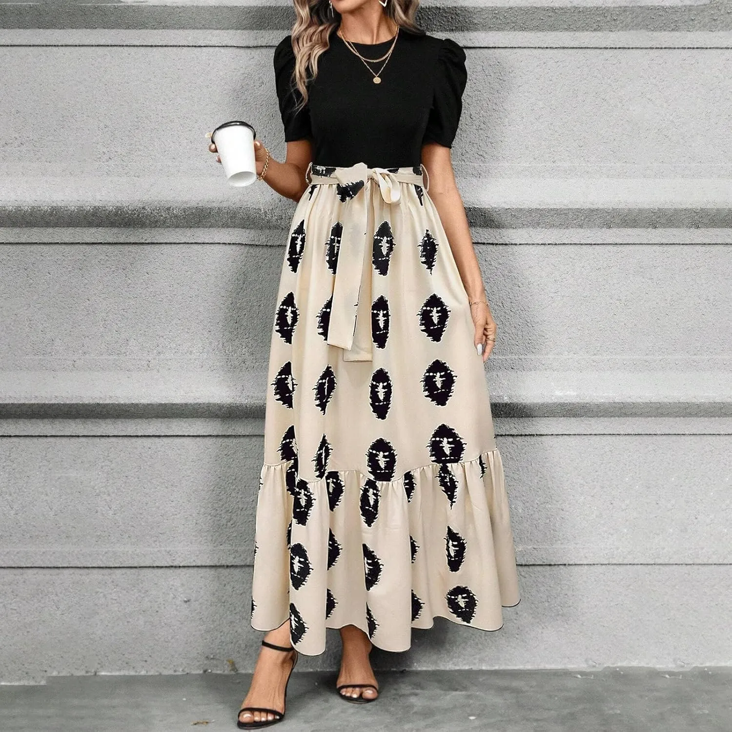 Long Floral Dresses for Women 2025 Elegant Boho Tie Belted Patchwork Empire Waist Short Sleeve Modest Flowy Maxi Dress