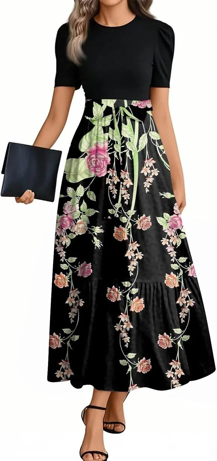 Long Floral Dresses for Women 2025 Elegant Boho Tie Belted Patchwork Empire Waist Short Sleeve Modest Flowy Maxi Dress