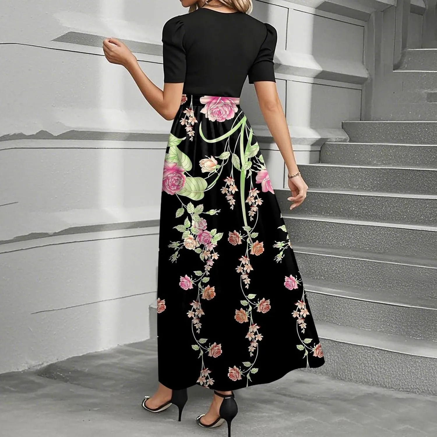 Long Floral Dresses for Women 2025 Elegant Boho Tie Belted Patchwork Empire Waist Short Sleeve Modest Flowy Maxi Dress