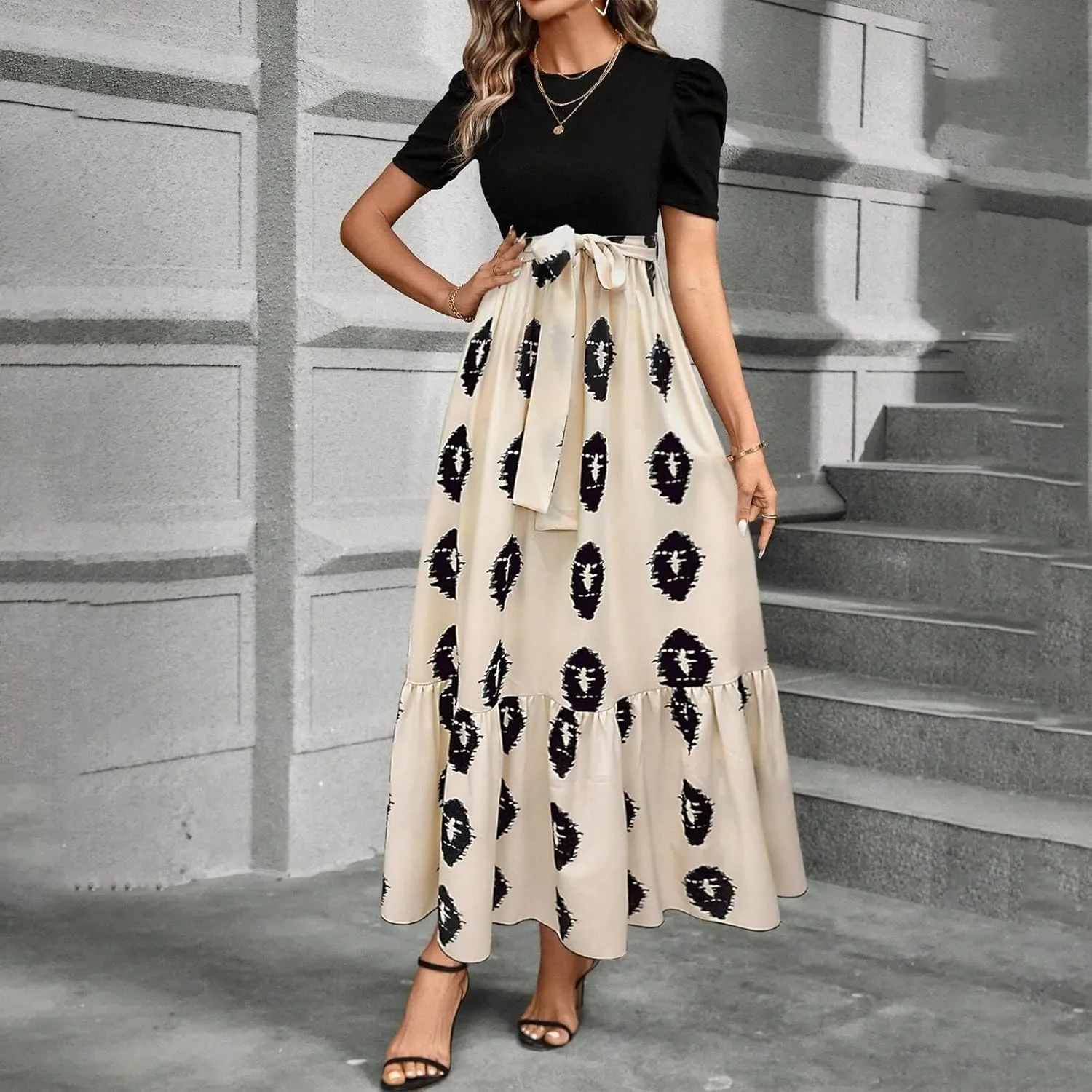 Long Floral Dresses for Women 2025 Elegant Boho Tie Belted Patchwork Empire Waist Short Sleeve Modest Flowy Maxi Dress