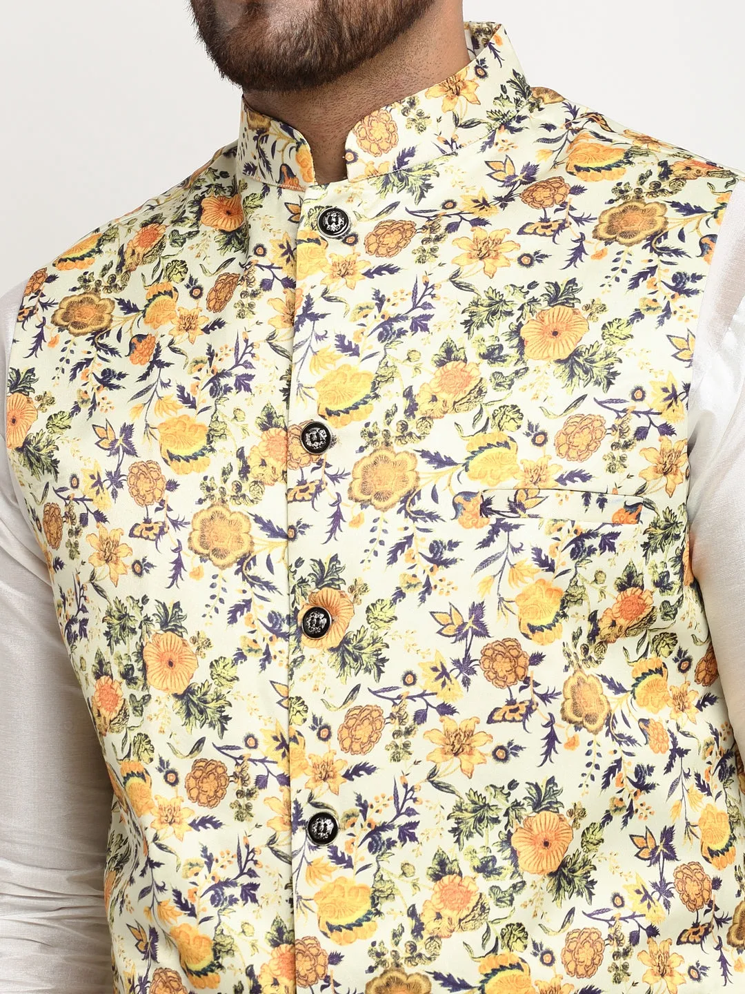 Men's Silk Blend White Kurta With Pyjama & Lime Green Printed Nehru Jacket - Benstoke