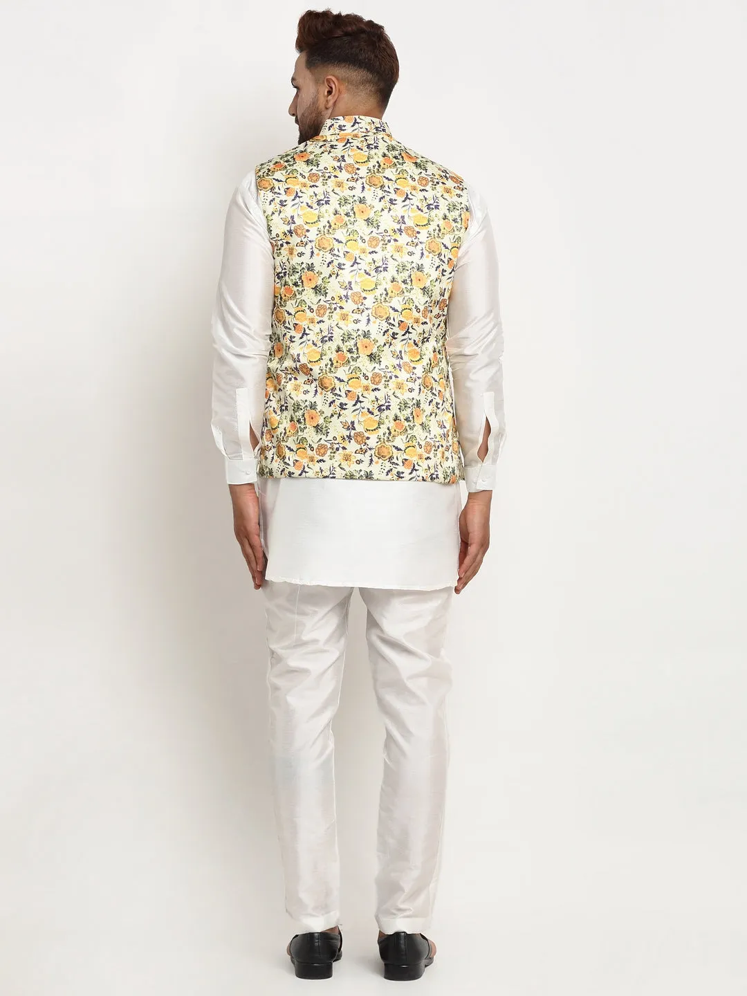 Men's Silk Blend White Kurta With Pyjama & Lime Green Printed Nehru Jacket - Benstoke