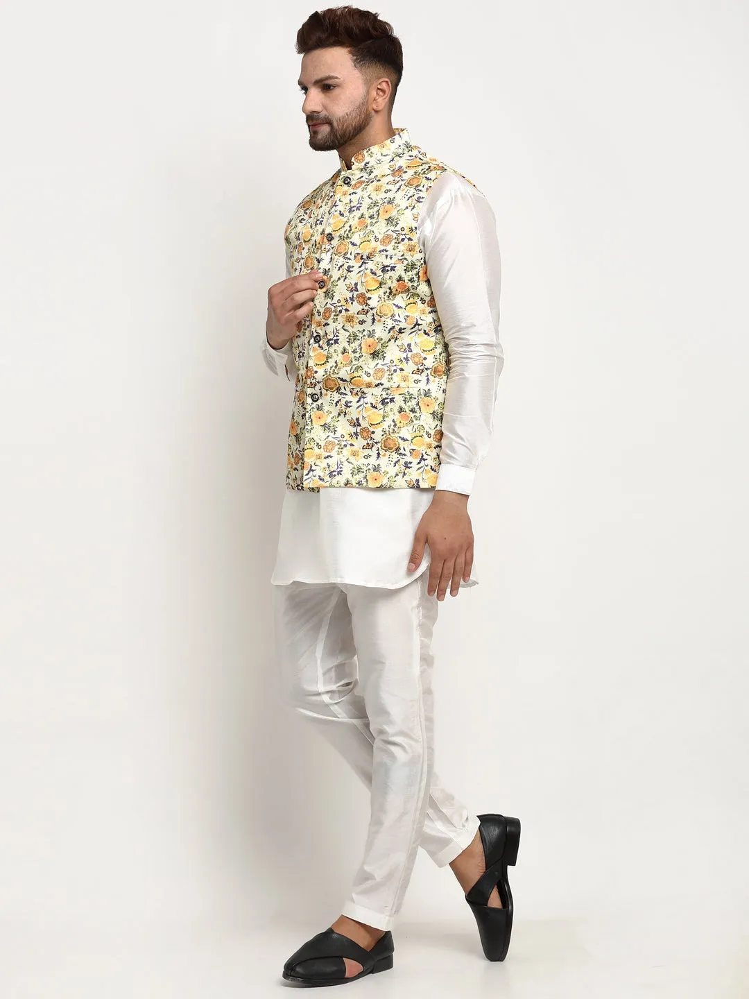 Men's Silk Blend White Kurta With Pyjama & Lime Green Printed Nehru Jacket - Benstoke