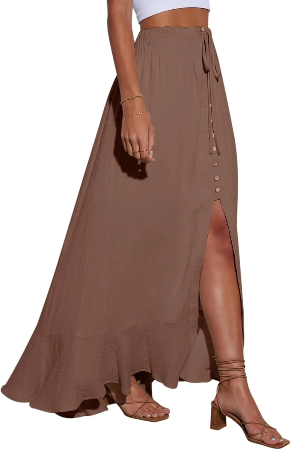 Minclouse Women's Elastic Tie Waist Button Down Maxi Skirts Casual Loose Flowy Swing Slit Front Dress
