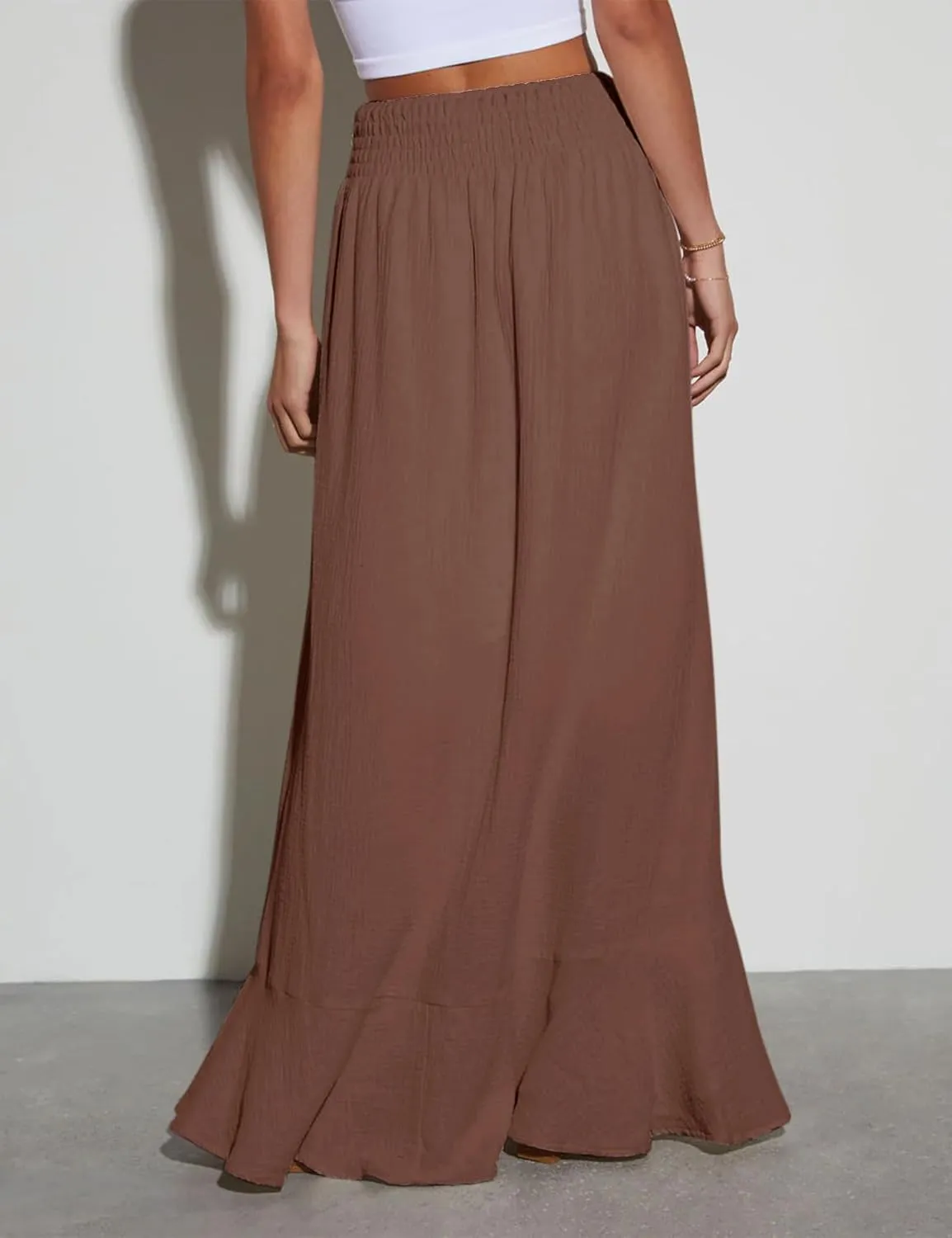 Minclouse Women's Elastic Tie Waist Button Down Maxi Skirts Casual Loose Flowy Swing Slit Front Dress