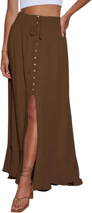 Minclouse Women's Elastic Tie Waist Button Down Maxi Skirts Casual Loose Flowy Swing Slit Front Dress