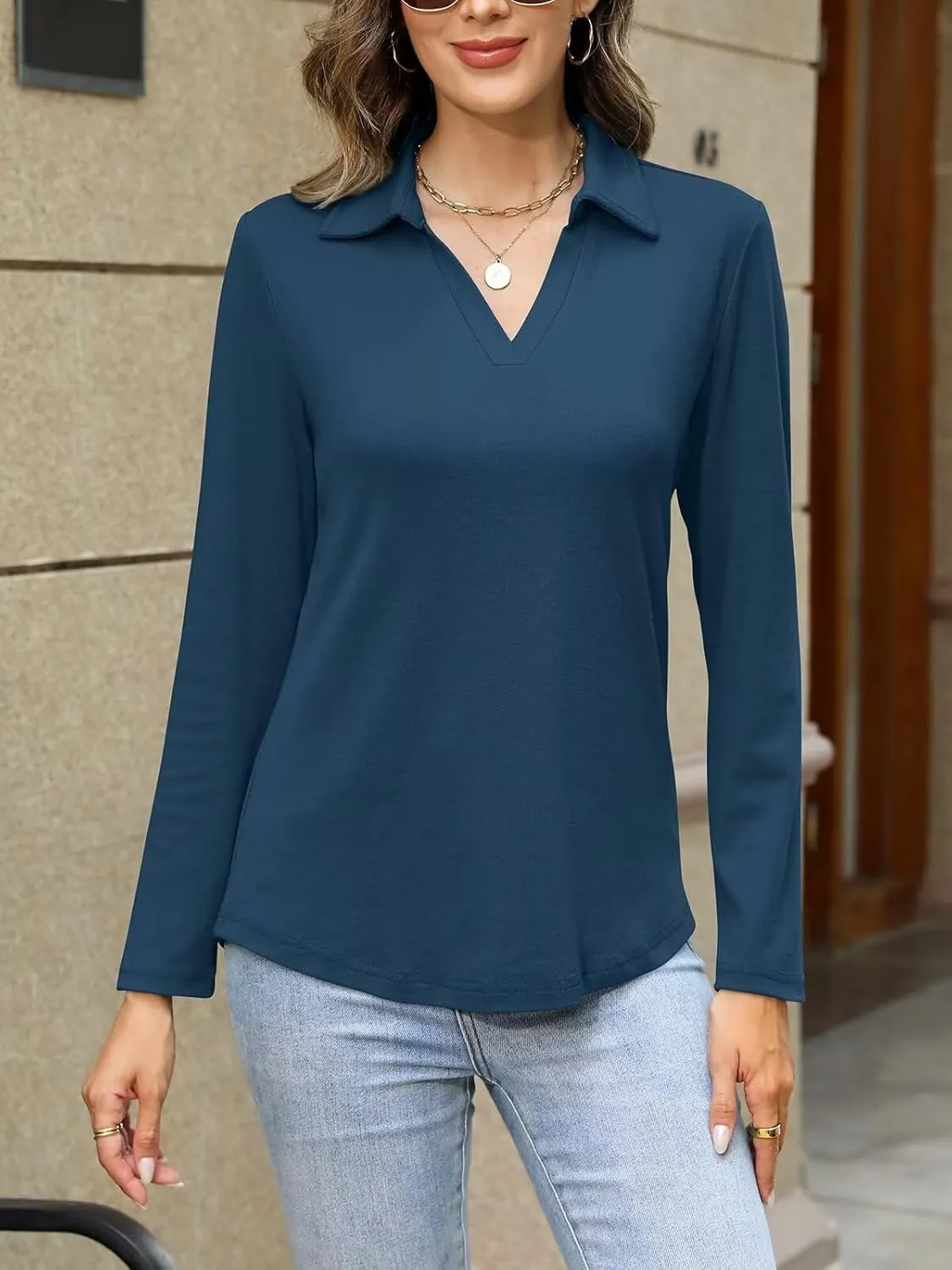 ORANDESIGNE Women's Long Sleeve Polo Shirts Casual Color Block V Neck Tops Fall Collar Ladies Tunics Tees