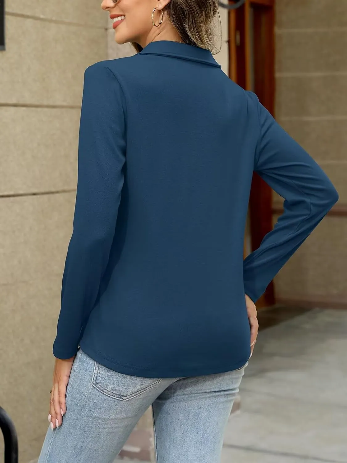 ORANDESIGNE Women's Long Sleeve Polo Shirts Casual Color Block V Neck Tops Fall Collar Ladies Tunics Tees