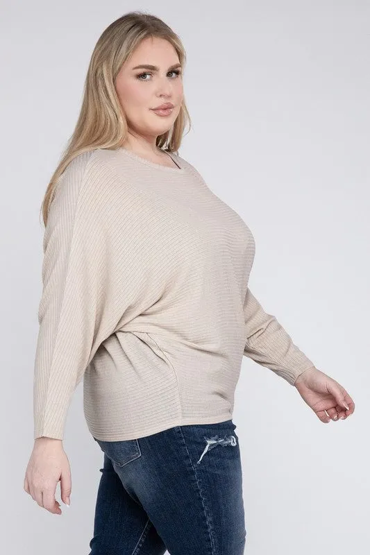 Plus Ribbed Batwing Long Sleeve Boat Neck Sweater