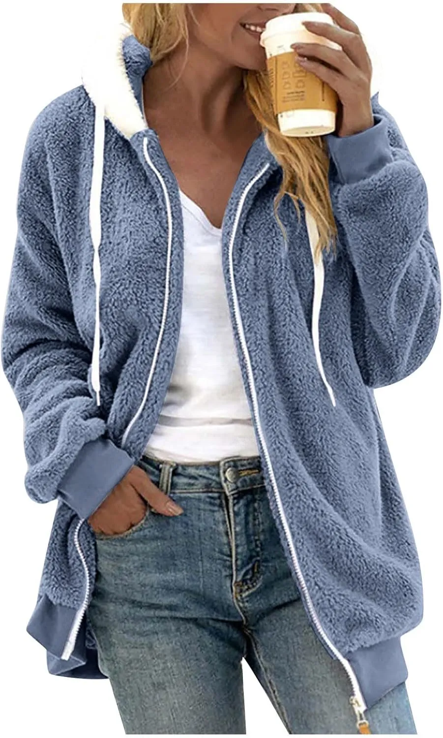 Plus Size Winter Coats for Women Full Zip Oversized Fleece Sherpa Jacket Drawstring Fuzzy Hooded Outerwear w/Pockets