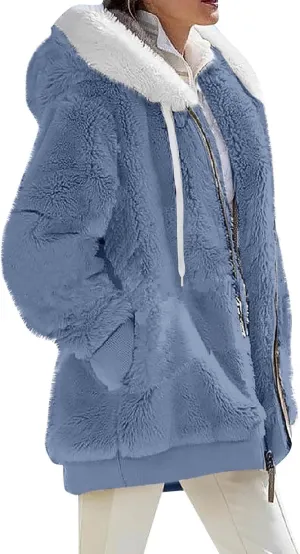 Plus Size Winter Coats for Women Full Zip Oversized Fleece Sherpa Jacket Drawstring Fuzzy Hooded Outerwear w/Pockets