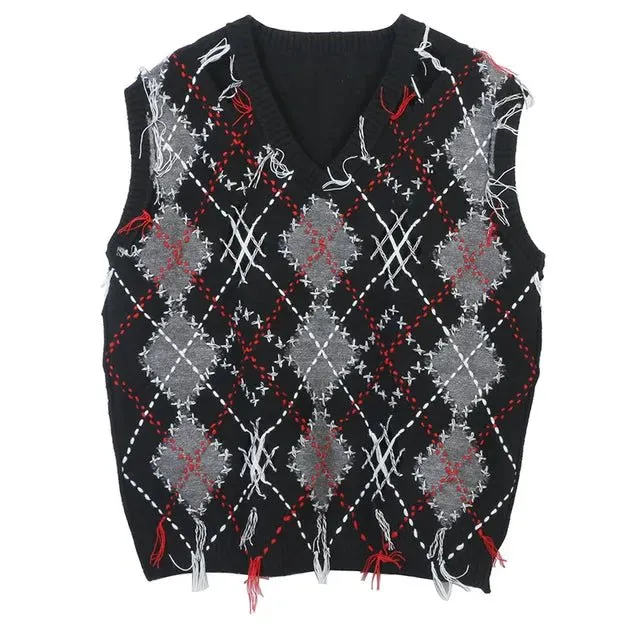 Pre Order:  Argyle Loose Topstitch Sleeveless Cardigan