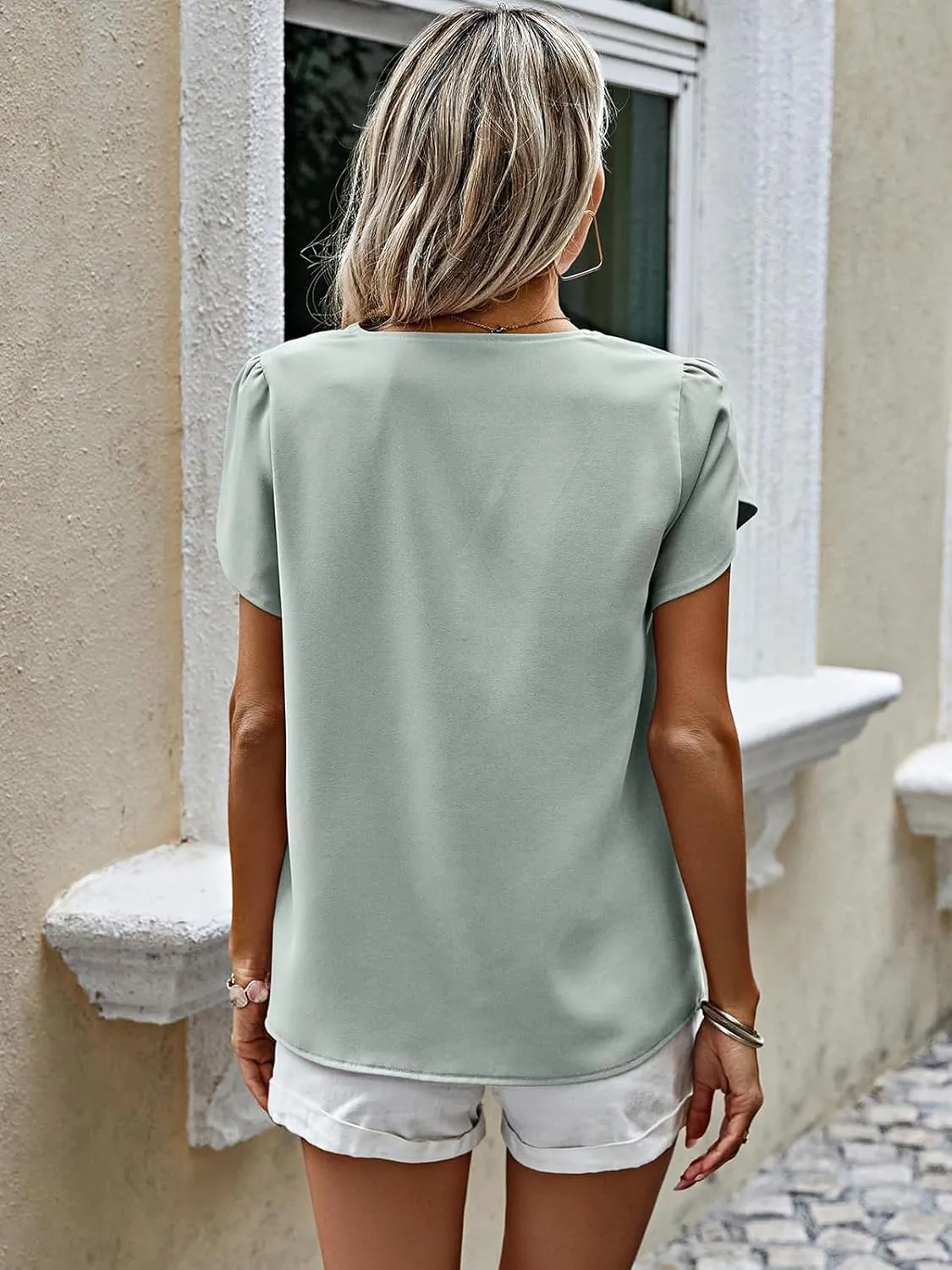PRETTYGARDEN Short Sleeve Tops for Women 2025 Summer Spring Western Chiffon Blouses Dressy Casual Work Pearl Shirts
