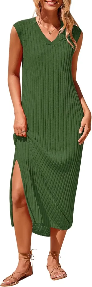 PRETTYGARDEN Women's 2025 Summer Casual Maxi Dresses Ribbed Knit Sleeveless V Neck 2 Piece Outfits with Slip Under Dress