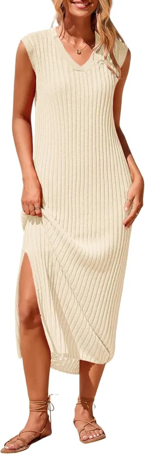 PRETTYGARDEN Women's 2025 Summer Casual Maxi Dresses Ribbed Knit Sleeveless V Neck 2 Piece Outfits with Slip Under Dress