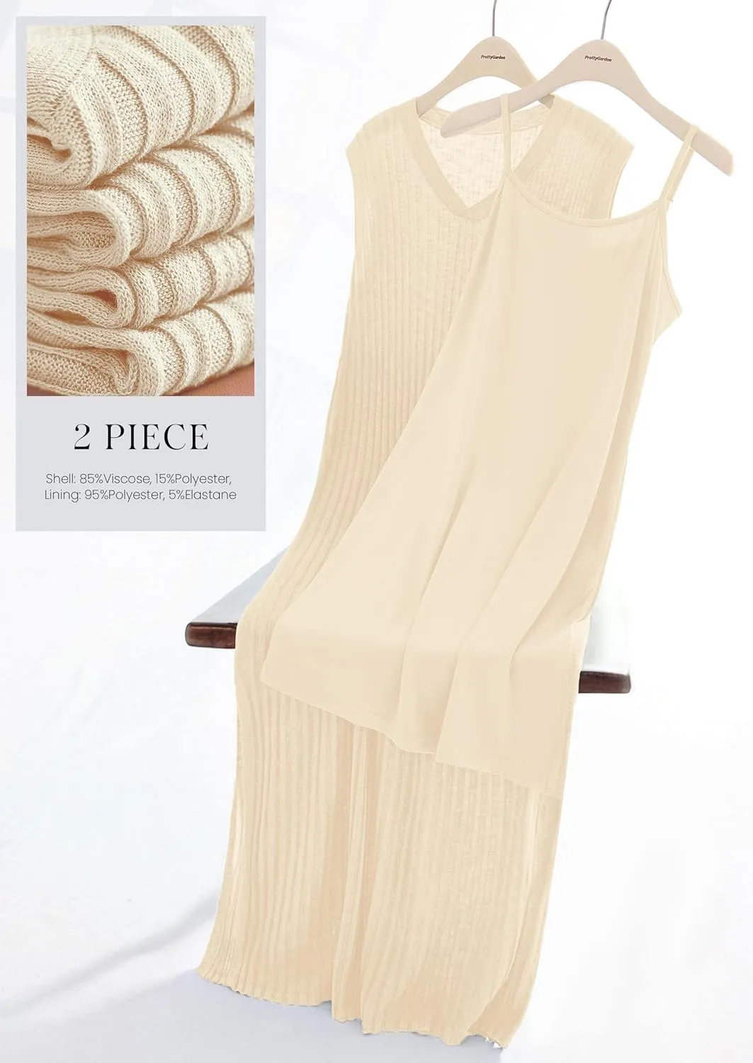 PRETTYGARDEN Women's 2025 Summer Casual Maxi Dresses Ribbed Knit Sleeveless V Neck 2 Piece Outfits with Slip Under Dress