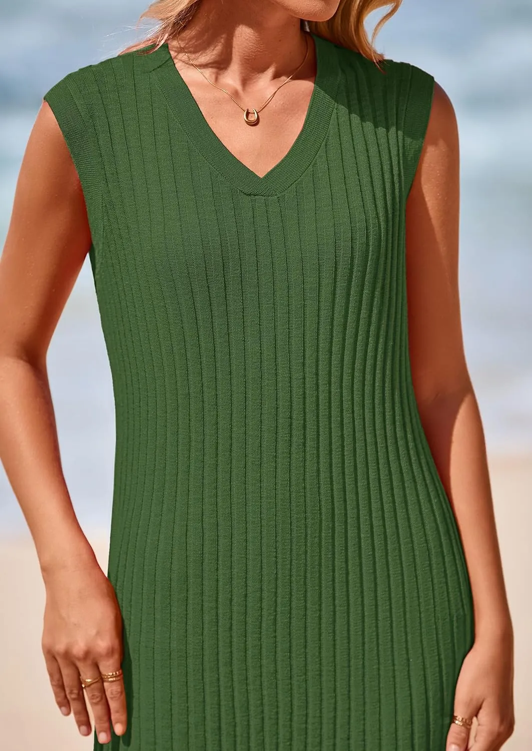 PRETTYGARDEN Women's 2025 Summer Casual Maxi Dresses Ribbed Knit Sleeveless V Neck 2 Piece Outfits with Slip Under Dress