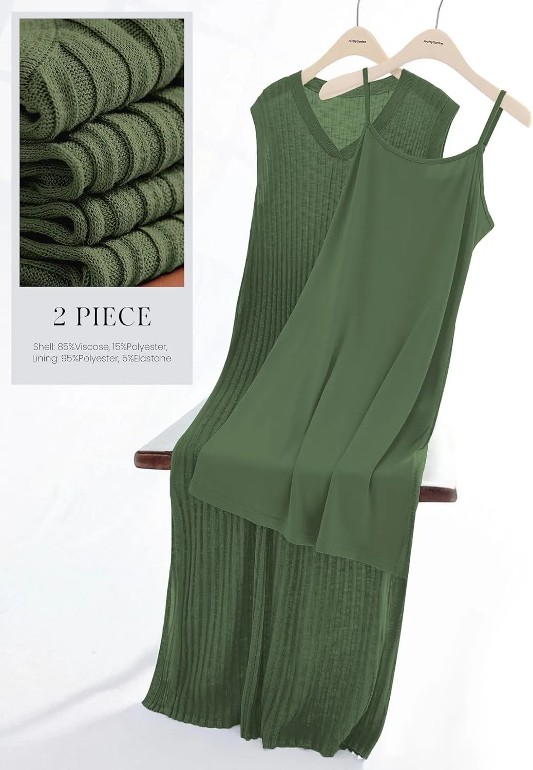 PRETTYGARDEN Women's 2025 Summer Casual Maxi Dresses Ribbed Knit Sleeveless V Neck 2 Piece Outfits with Slip Under Dress