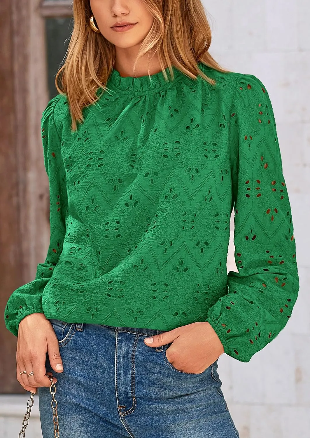 PRETTYGARDEN Womens Tops Dressy Casual 2025 Spring Long Sleeve Shirts Embroidered Eyelet Blouses Going Out Outfits