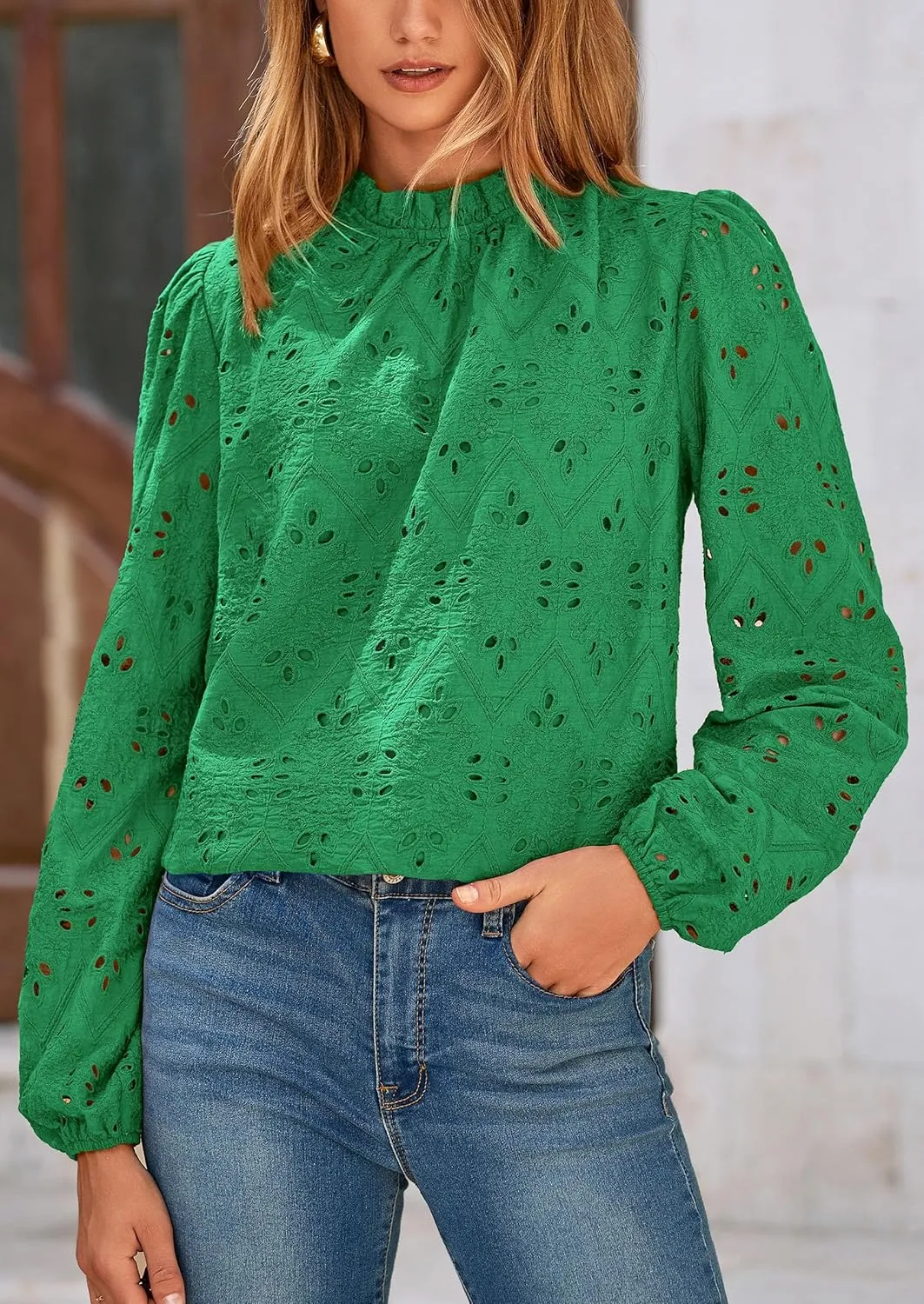PRETTYGARDEN Womens Tops Dressy Casual 2025 Spring Long Sleeve Shirts Embroidered Eyelet Blouses Going Out Outfits