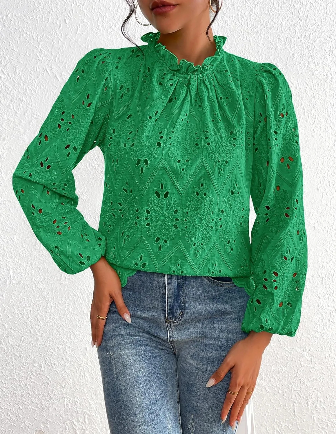 PRETTYGARDEN Womens Tops Dressy Casual 2025 Spring Long Sleeve Shirts Embroidered Eyelet Blouses Going Out Outfits