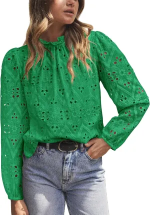 PRETTYGARDEN Womens Tops Dressy Casual 2025 Spring Long Sleeve Shirts Embroidered Eyelet Blouses Going Out Outfits
