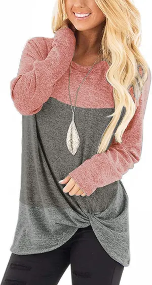 SHIBEVER Long Sleeve Women Tops: Fall Casual Tunic Shirts for Womens Round Neck Twist Knotted Tee Blouses