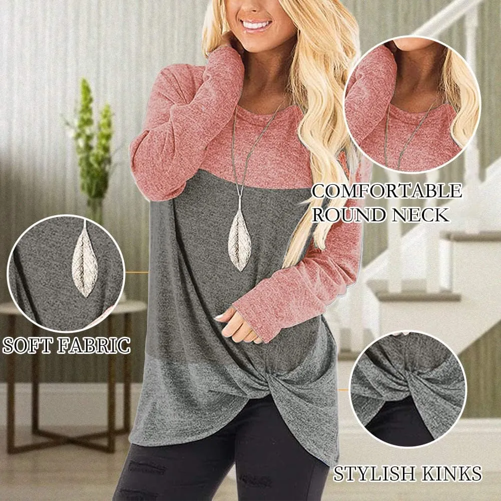 SHIBEVER Long Sleeve Women Tops: Fall Casual Tunic Shirts for Womens Round Neck Twist Knotted Tee Blouses