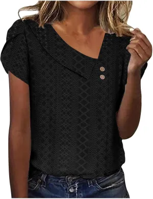 Shirts for Women Trendy Summer 2024 Petal Short Sleeve v Neck Petite Tops Cute Lace Eyelet Blouses Dressy Casual