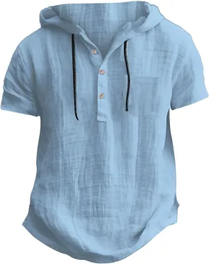 Short Sleeve Hoodies for Men Cotton Linen Casual Loose Fit Hoodies Lightweight Summer Sports Hiking Button Down Tshirts