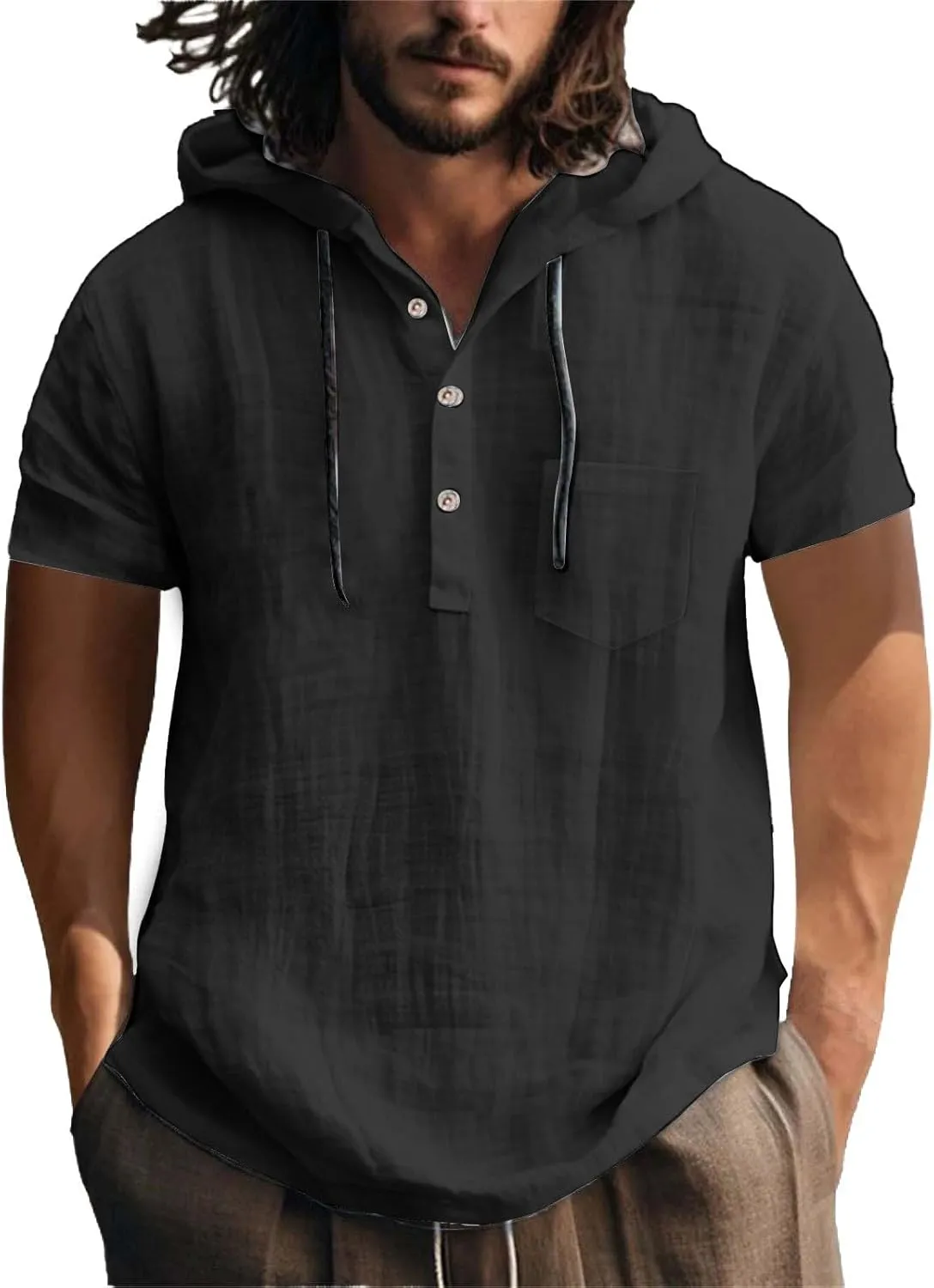 Short Sleeve Hoodies for Men Cotton Linen Casual Loose Fit Hoodies Lightweight Summer Sports Hiking Button Down Tshirts