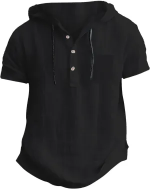 Short Sleeve Hoodies for Men Cotton Linen Casual Loose Fit Hoodies Lightweight Summer Sports Hiking Button Down Tshirts