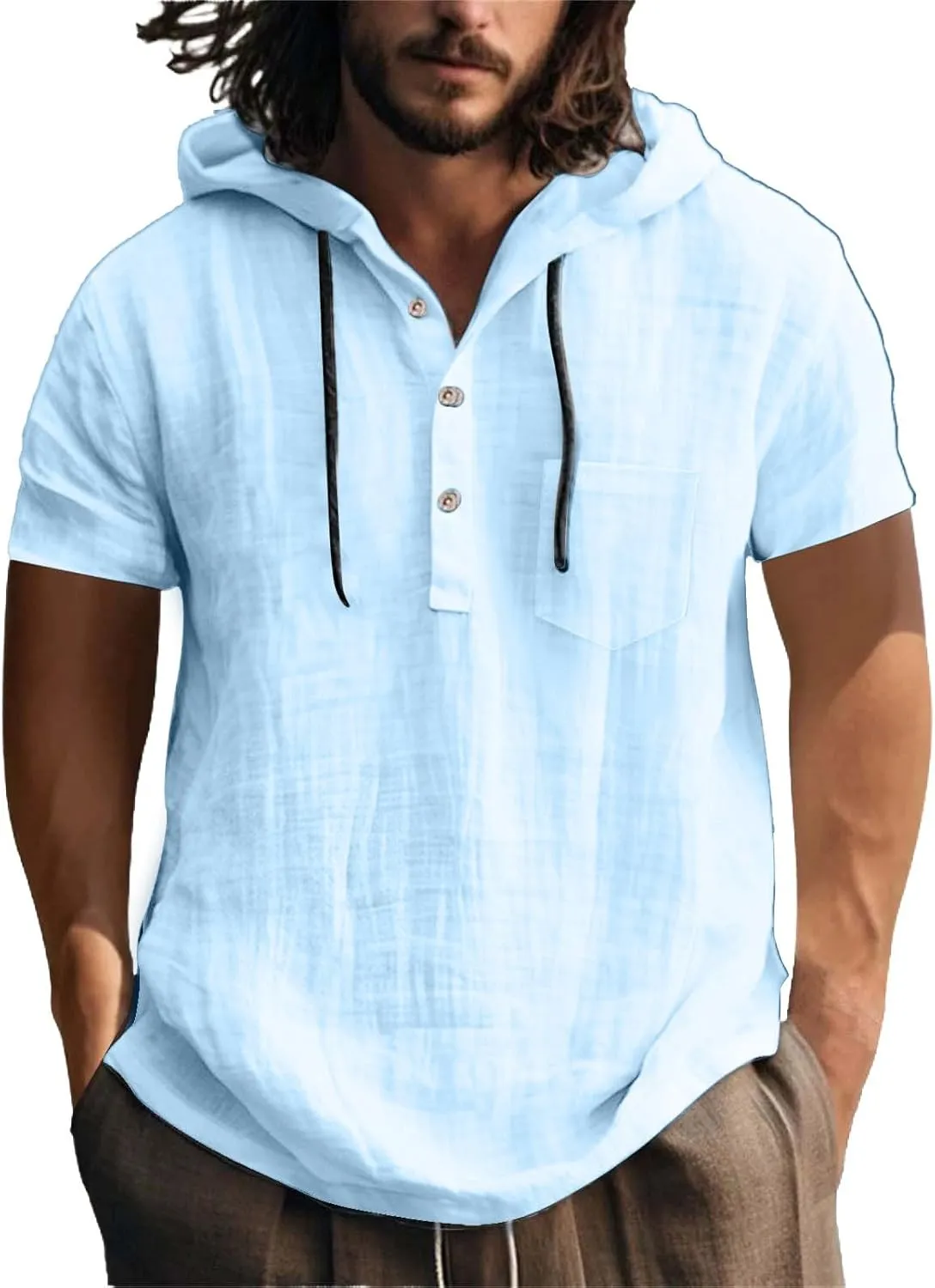 Short Sleeve Hoodies for Men Cotton Linen Casual Loose Fit Hoodies Lightweight Summer Sports Hiking Button Down Tshirts