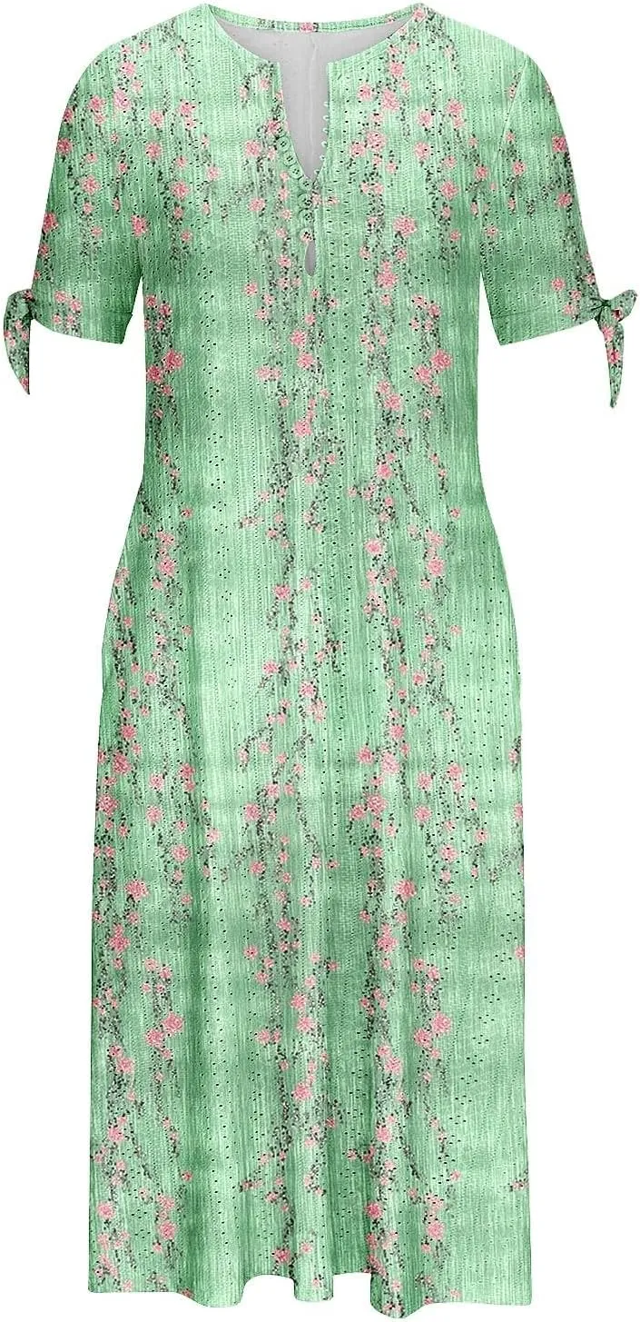 Short Sleeve Summer Dresses for Women 2025 Button V Neck Eyelet Beach Boho Vacation Maxi Sundress with Pockets