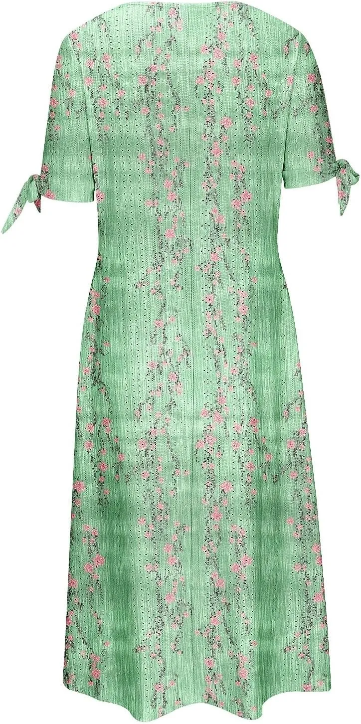 Short Sleeve Summer Dresses for Women 2025 Button V Neck Eyelet Beach Boho Vacation Maxi Sundress with Pockets