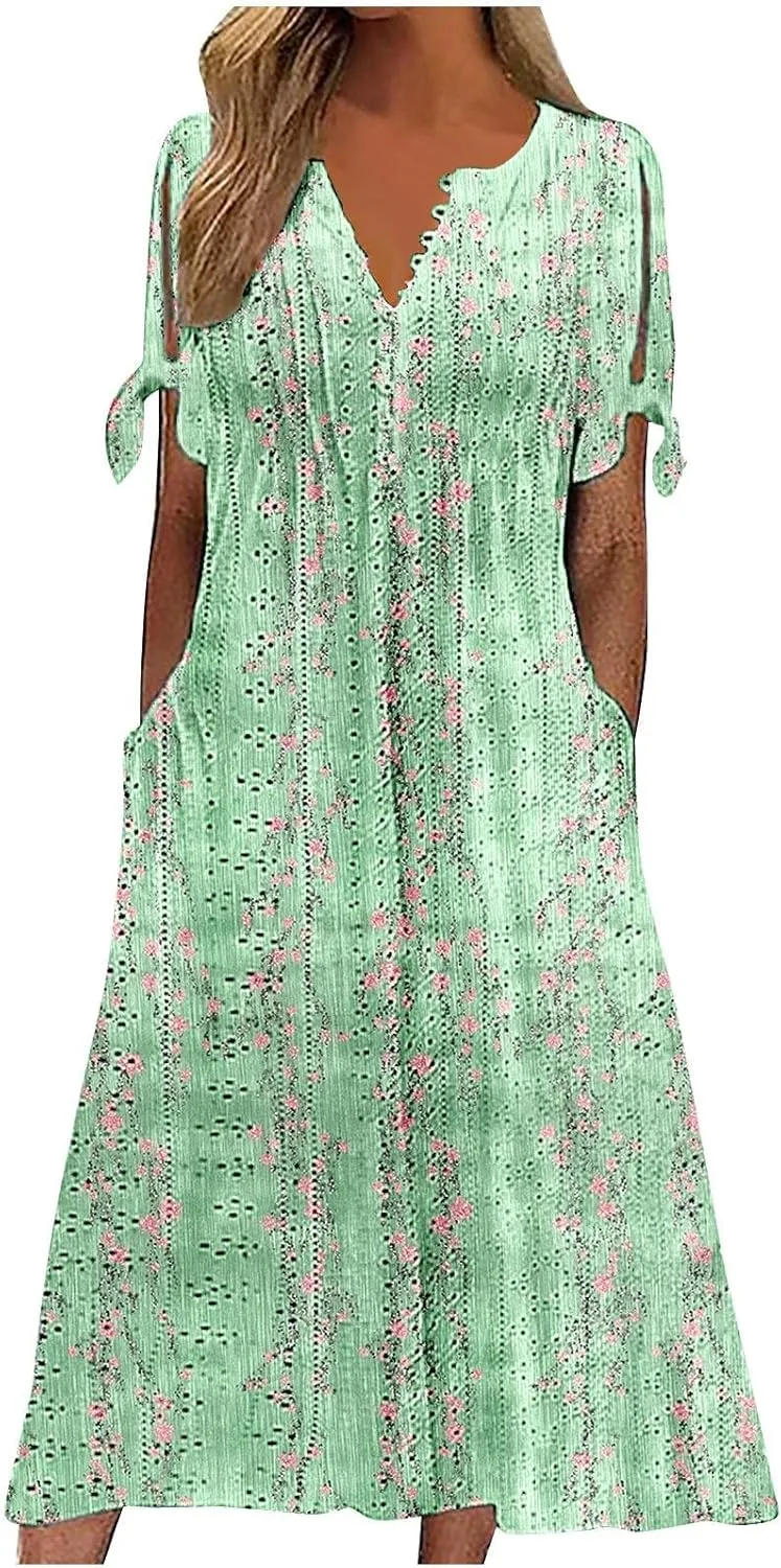Short Sleeve Summer Dresses for Women 2025 Button V Neck Eyelet Beach Boho Vacation Maxi Sundress with Pockets