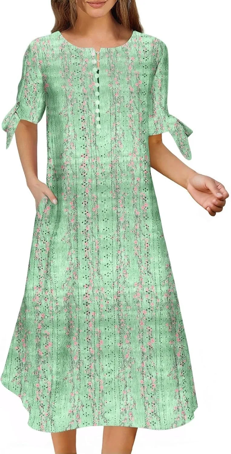 Short Sleeve Summer Dresses for Women 2025 Button V Neck Eyelet Beach Boho Vacation Maxi Sundress with Pockets
