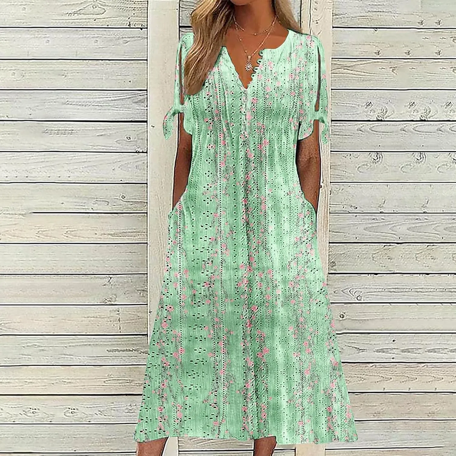 Short Sleeve Summer Dresses for Women 2025 Button V Neck Eyelet Beach Boho Vacation Maxi Sundress with Pockets