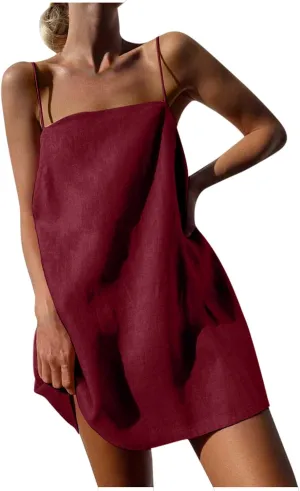 Sleeveless Slip Off Shoulder for Women Fall Summer Linen Mini Short Loose Fit Plain Dresses Women 2025 Trendy Y2K