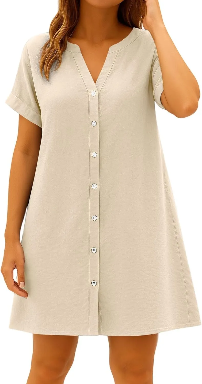 Summer Dresses for Women 2025 Cotton Linen Dressy Casual Mini Dress Short Sleeve Plus Size Bohemian Sundress