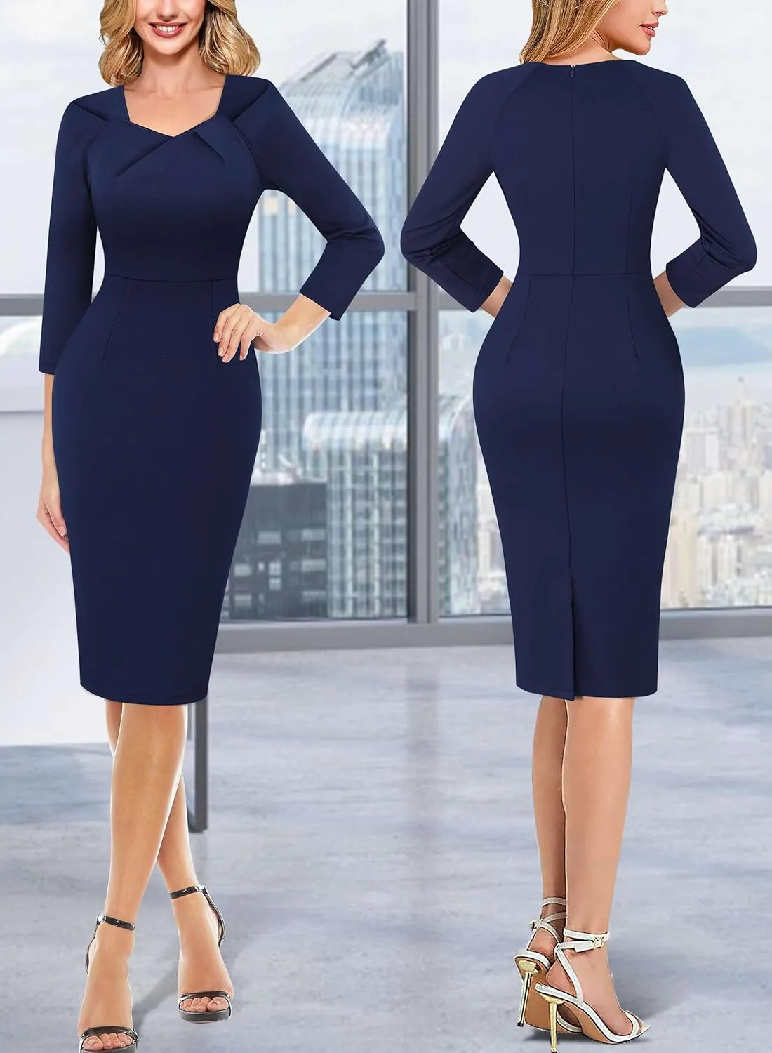 VFSHOW Womens 2025 Work Business Office Dresses Pleated Asymmetric Neck Vintage Church Slimming Pencil Sheath Dress