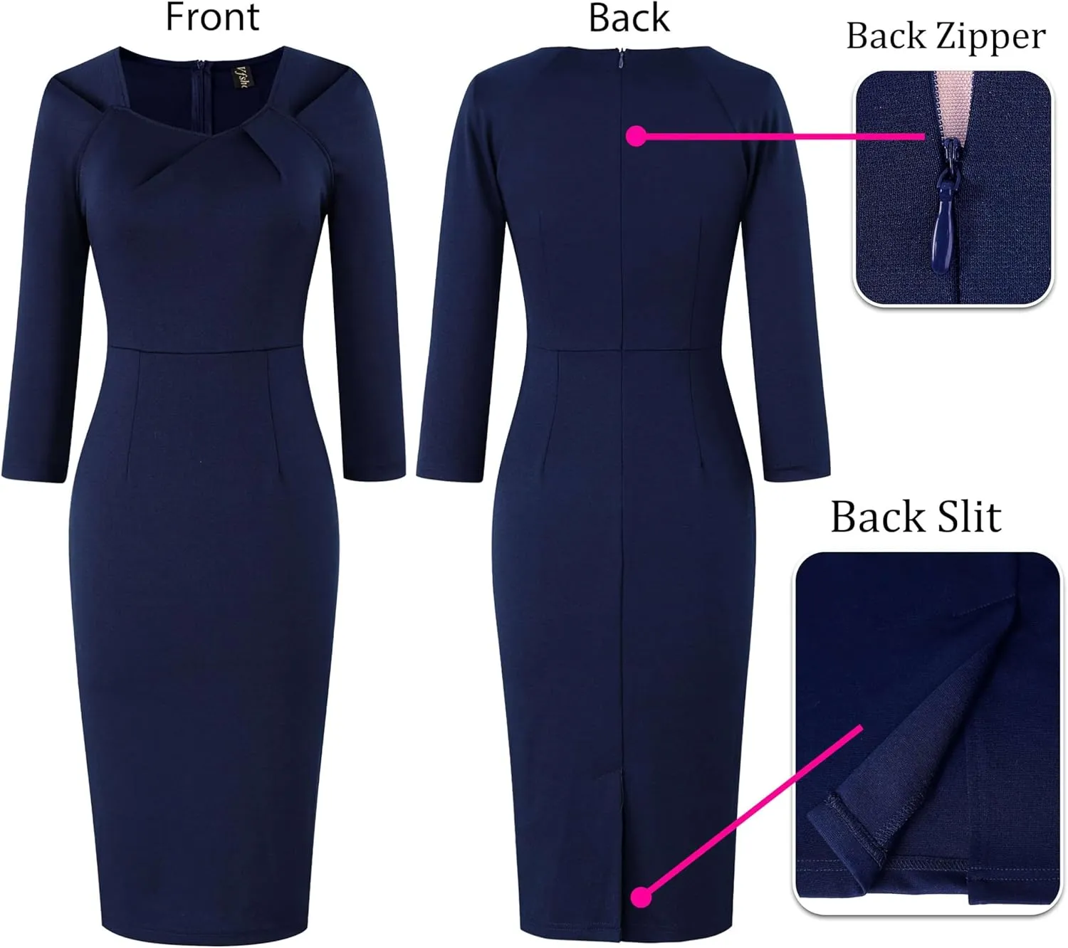 VFSHOW Womens 2025 Work Business Office Dresses Pleated Asymmetric Neck Vintage Church Slimming Pencil Sheath Dress