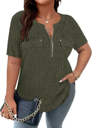 Viracy Plus Size Womens Tops 1/4 Zip Up Casual Shirts Lightweight Short Sleeve Tunics