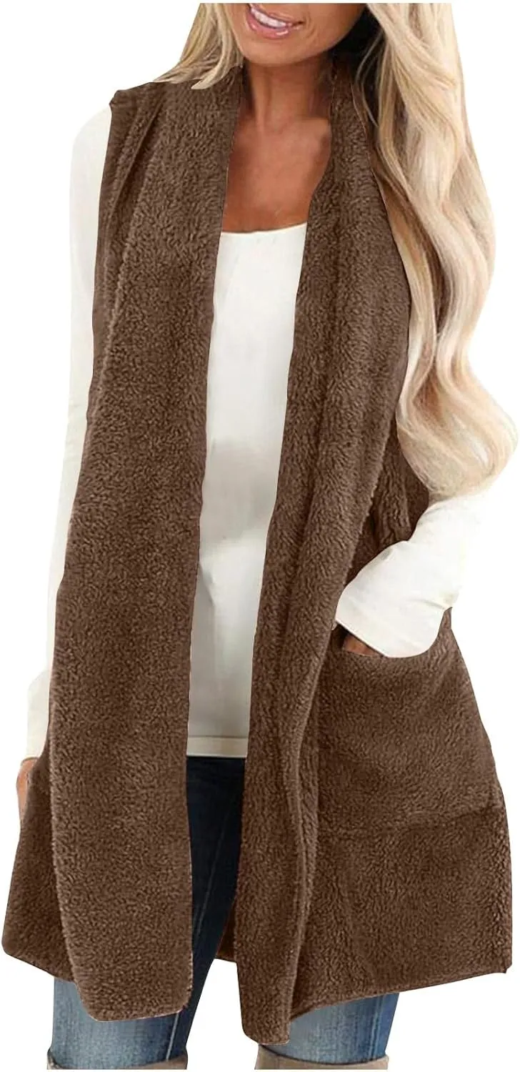 Winter Coats for Women 2024 Casual Sleeveless Sherpa Vest with Pockets Open Front Fleece Long Cardigan Fuzzy Jacket