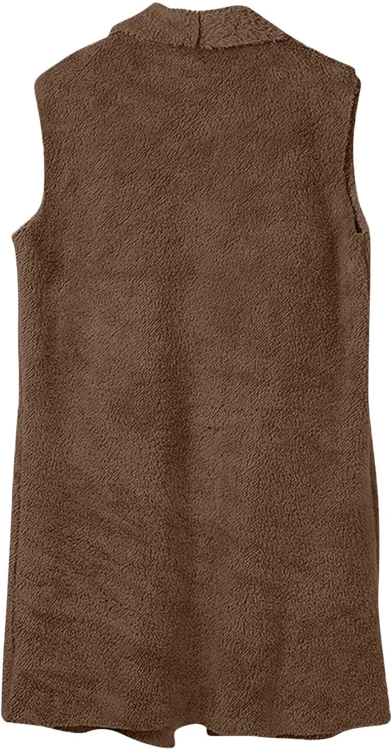 Winter Coats for Women 2024 Casual Sleeveless Sherpa Vest with Pockets Open Front Fleece Long Cardigan Fuzzy Jacket